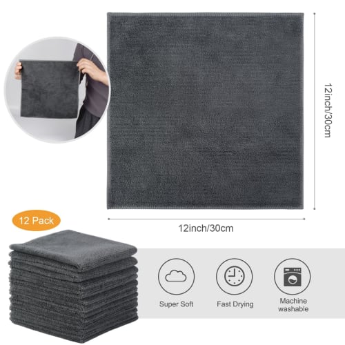 SINLAND Microfiber Cleaning Cloths, Commercial Towels for Kitchen, Cleaning, and Car Washing, Absorbent and Quick-Drying, 12-Count, Gray