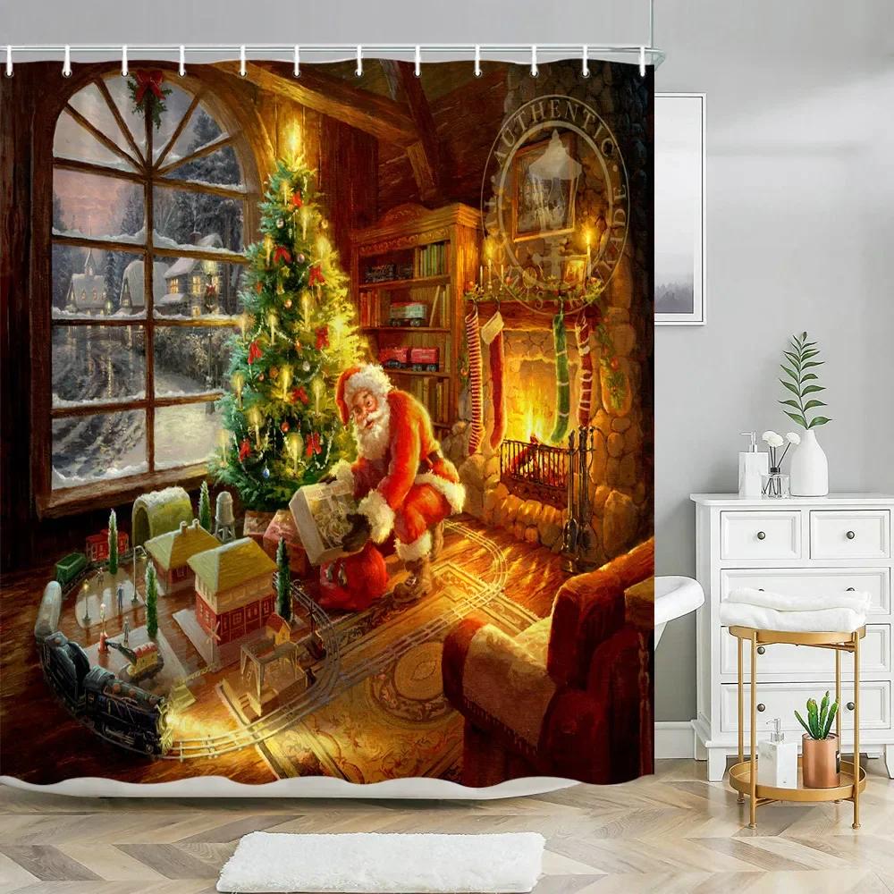 Xmas Decorative Shower Curtains Fireplace Christmas Tree Winter New Year Gift Bathroom Decor Fabric Bath Curtian Hanging