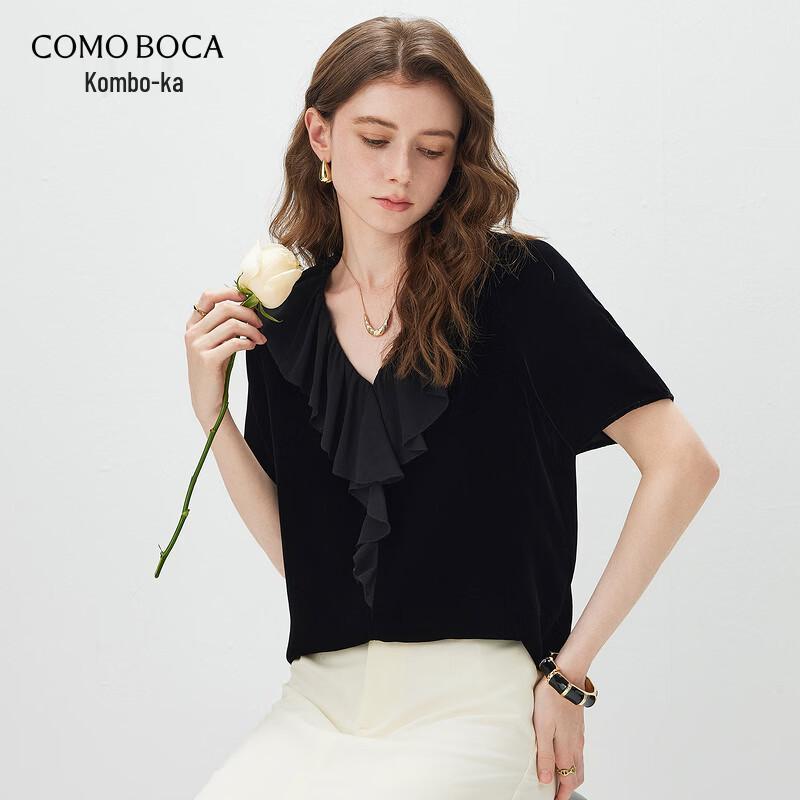 Komon Boca Velvet Ruffle Patchwork Short Sleeve Top L