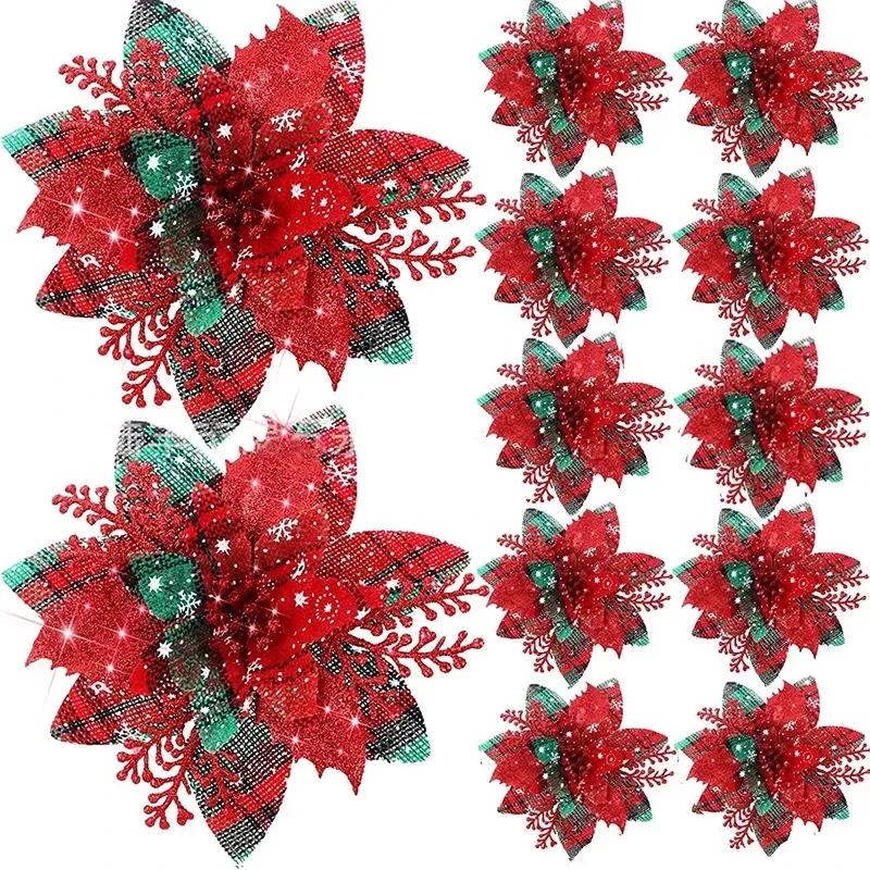 Christmas 5 Glitter Pink Christmas Flowers Xmas Tree 14cm Artifical Flower Ornaments Decoration For Home New Year