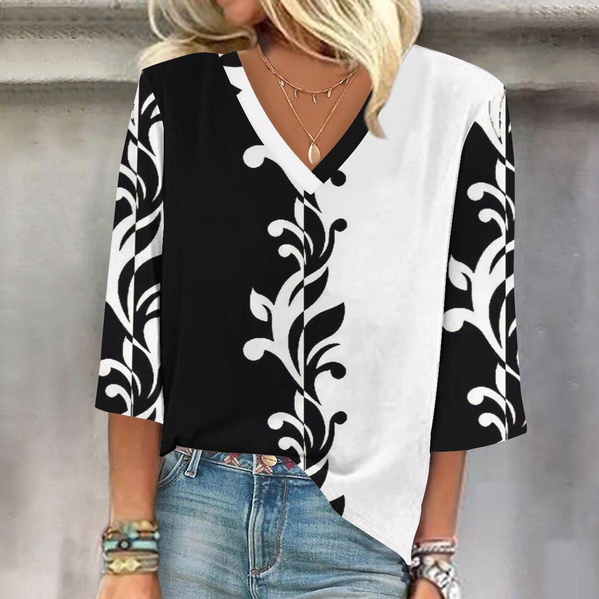 

2023 Sping и осень Новая мода Женский повседневный топ с V-образным вырезом с рукавом 3/4 с принтом