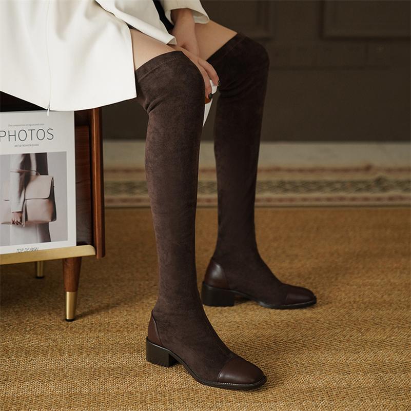 FOREADA Women Over-the-Knee Boots Square Toe Thick Mid Heels Long Boot Concise Ladies Fashion Shoes Autumn Winter Brown Black 43