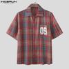 INCERUN Oversized Men Lapel Neck Short Sleeve Plaid Print Shirts Tops