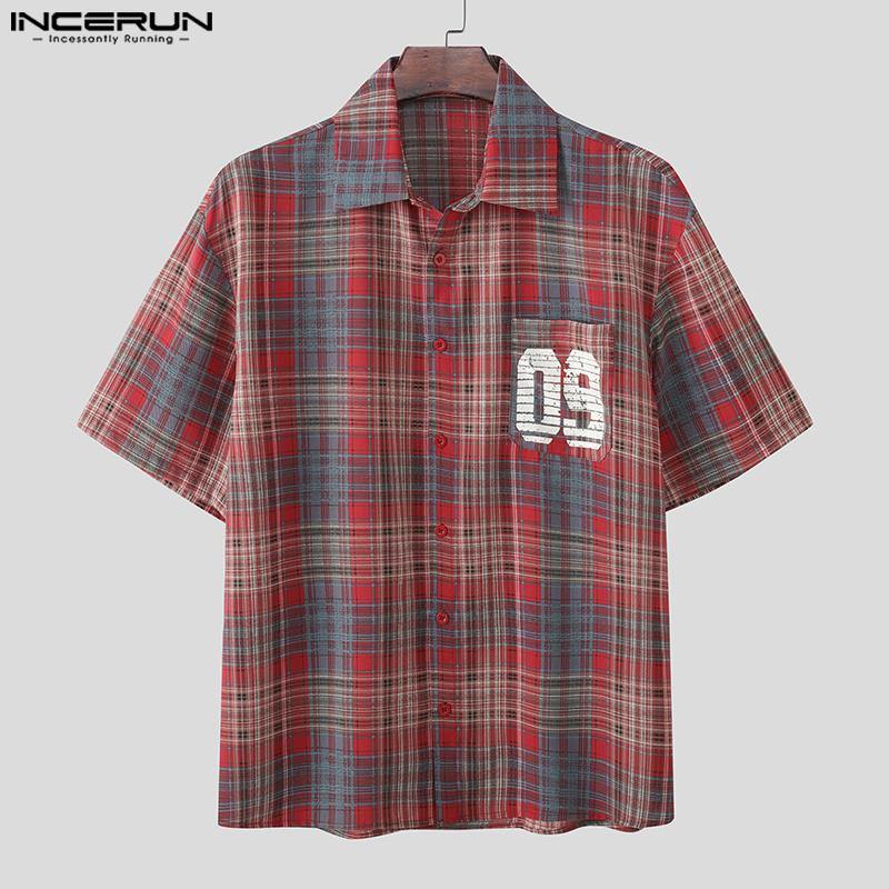 INCERUN Oversized Men Lapel Neck Short Sleeve Plaid Print Shirts Tops