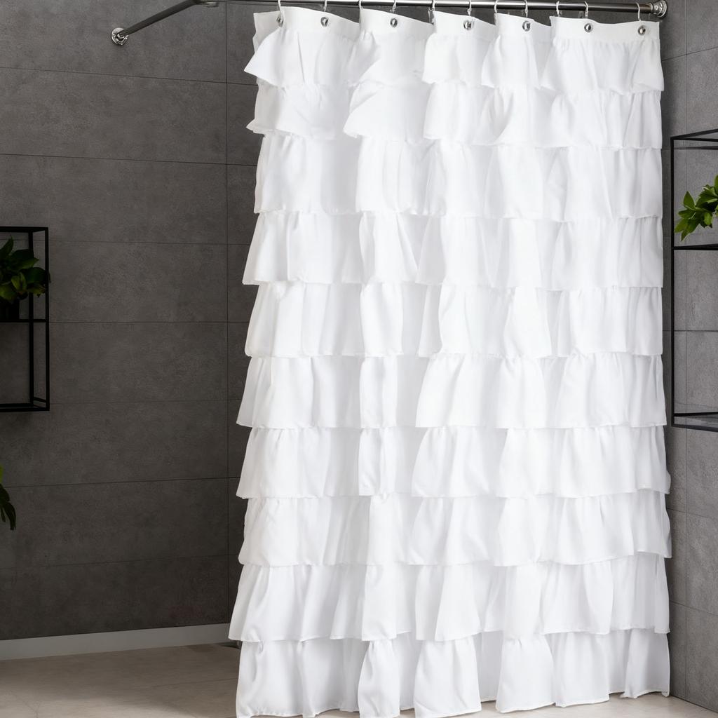 Shower Curtain 70 inch Boho Vintage Ruffle Bathroom Curtain with Hooks for Decoration
