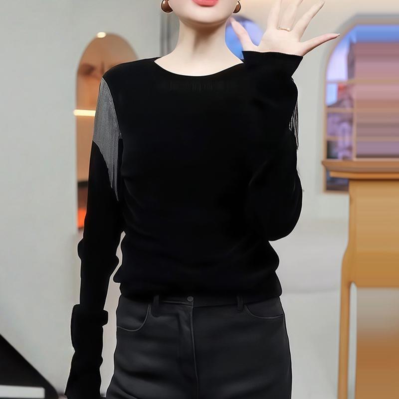 240g Korean Gold Velvet Tassel Long Sleeve T-shirt for Women - Chic Autumn/Winter Fashion Top