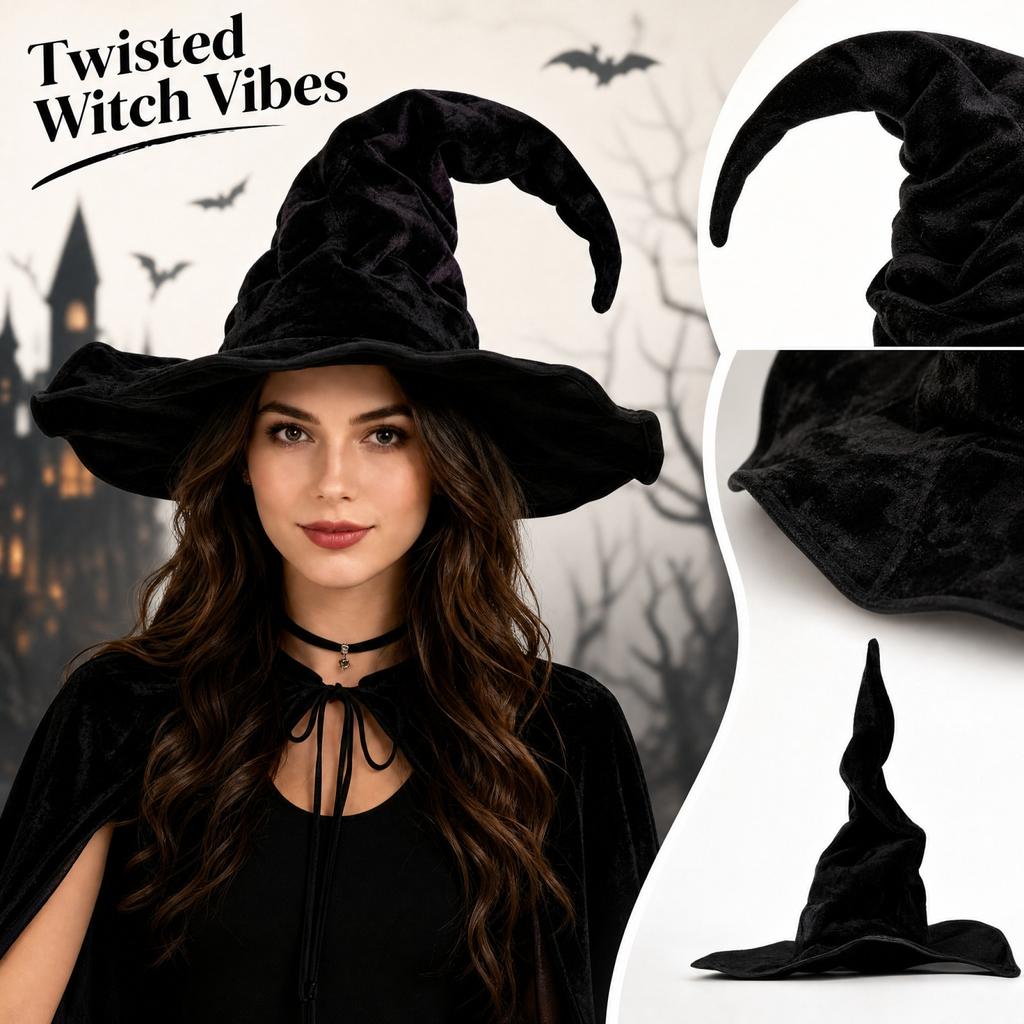 Witch Hat for Halloween with Crushed Velvet and Design