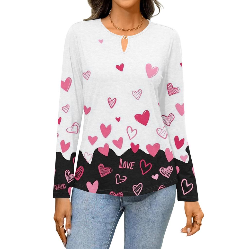 Women's Casual Round Neck Hollow,out Pullover Long Sleeve Valentine's Day Heart Print T,shirt Top