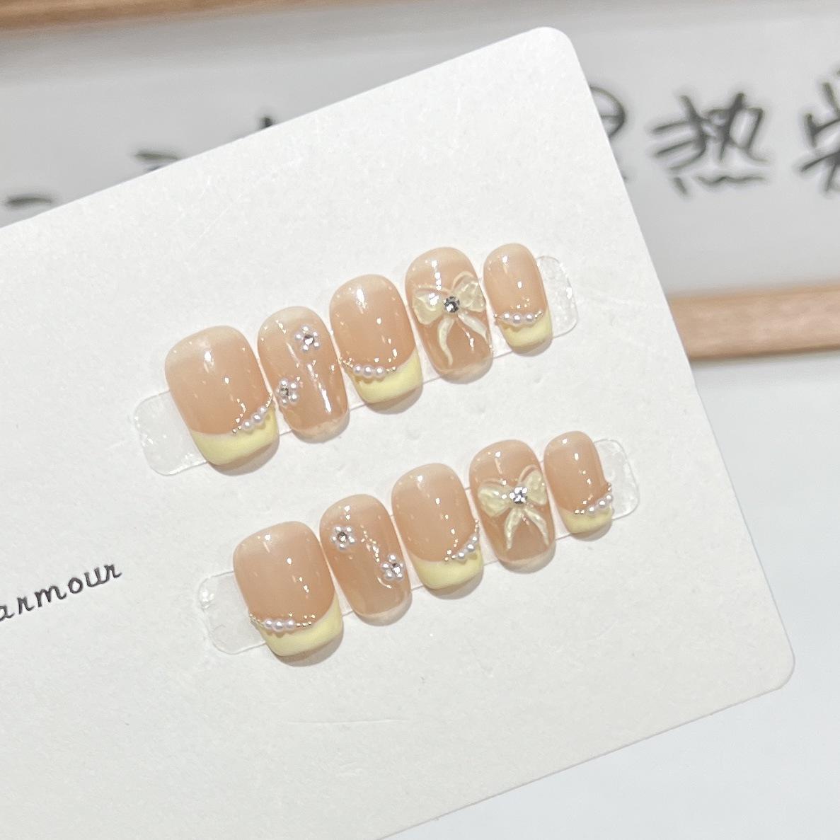 

Повседневный короткий носок Armor ручной работы телесного цвета французский жемчужный бант съемный многоразовый дизайн ногтей Large L