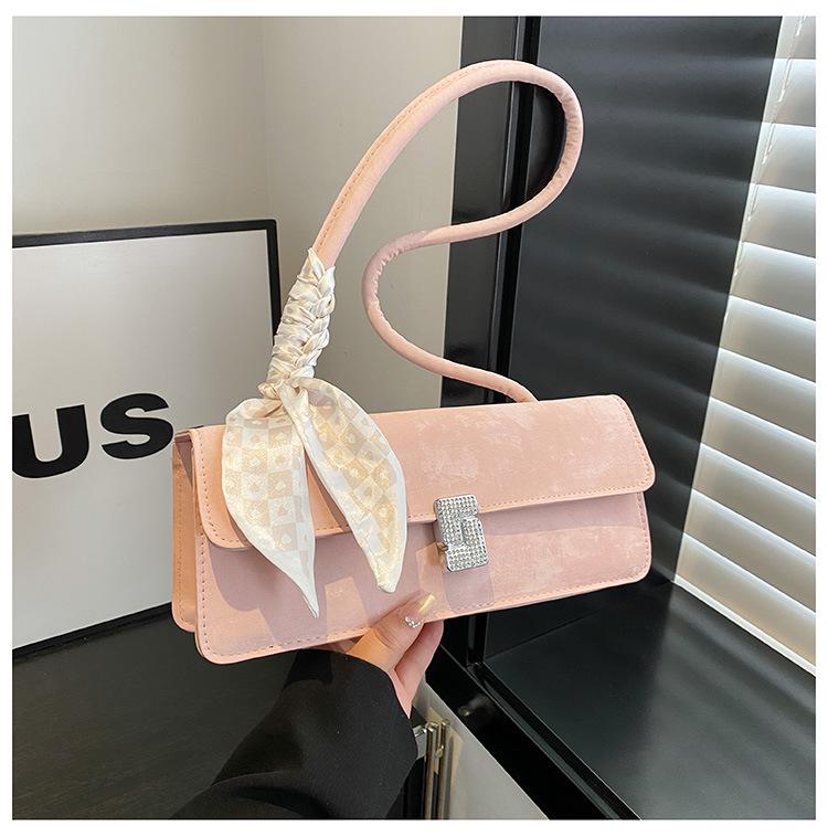 Women's Textured Underarm Baguette Bag with Silk Scarf - Early Spring 2025 Fashion