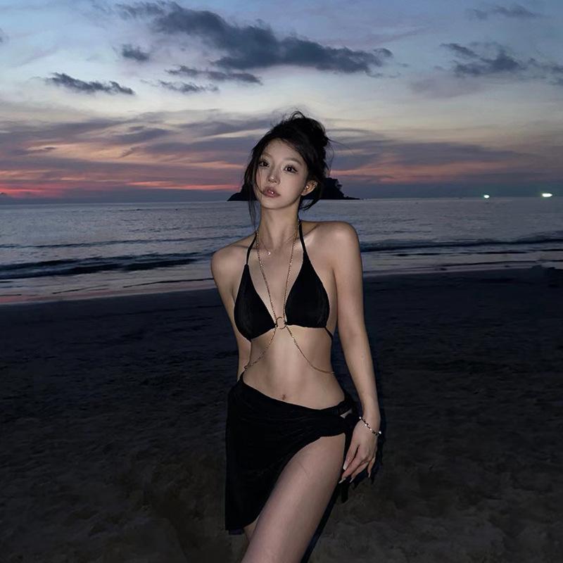 

Сексуальное нижнее белье сексуальное чистое желание цепочка купальник бикини раздельный купальник из трех частей с открытой спиной шея qqny XL (110-65 kg)