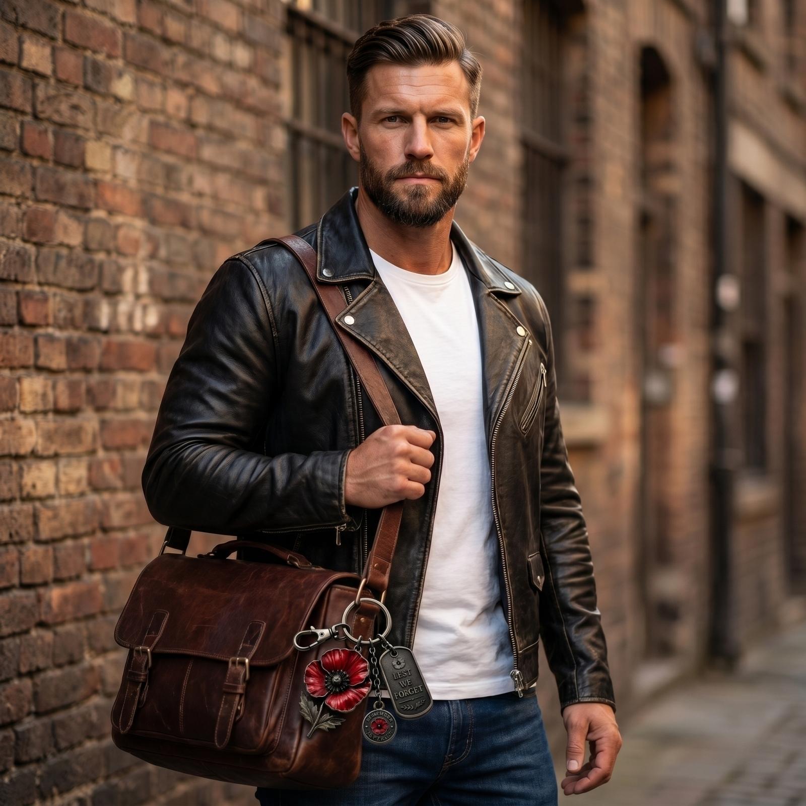 

Vintage Metal Memorial Keychain with Poppy Flower Pendant and Engraved Tags Lest We Forget Remember the Fallen Chain Clip Accessory One Size червоний