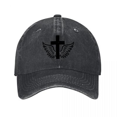 Winged Cross Logo Washed Canvas Baseball Cap Vintage Black Adjustable Hat with Religious Symbol Design for Unisex and Women