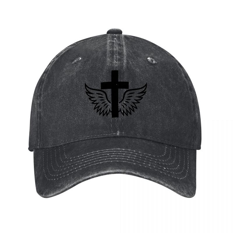Winged Cross Logo Washed Canvas Baseball Cap Vintage Black Adjustable Hat with Religious Symbol Design for Unisex and Women