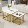 2-teiliges Set quadratische Hochglanz-Marmoroptik Kaffeetische, Stapeltische mit goldenen Beinen, 60*60*45cm und 45*45*40cm, Vielseitig