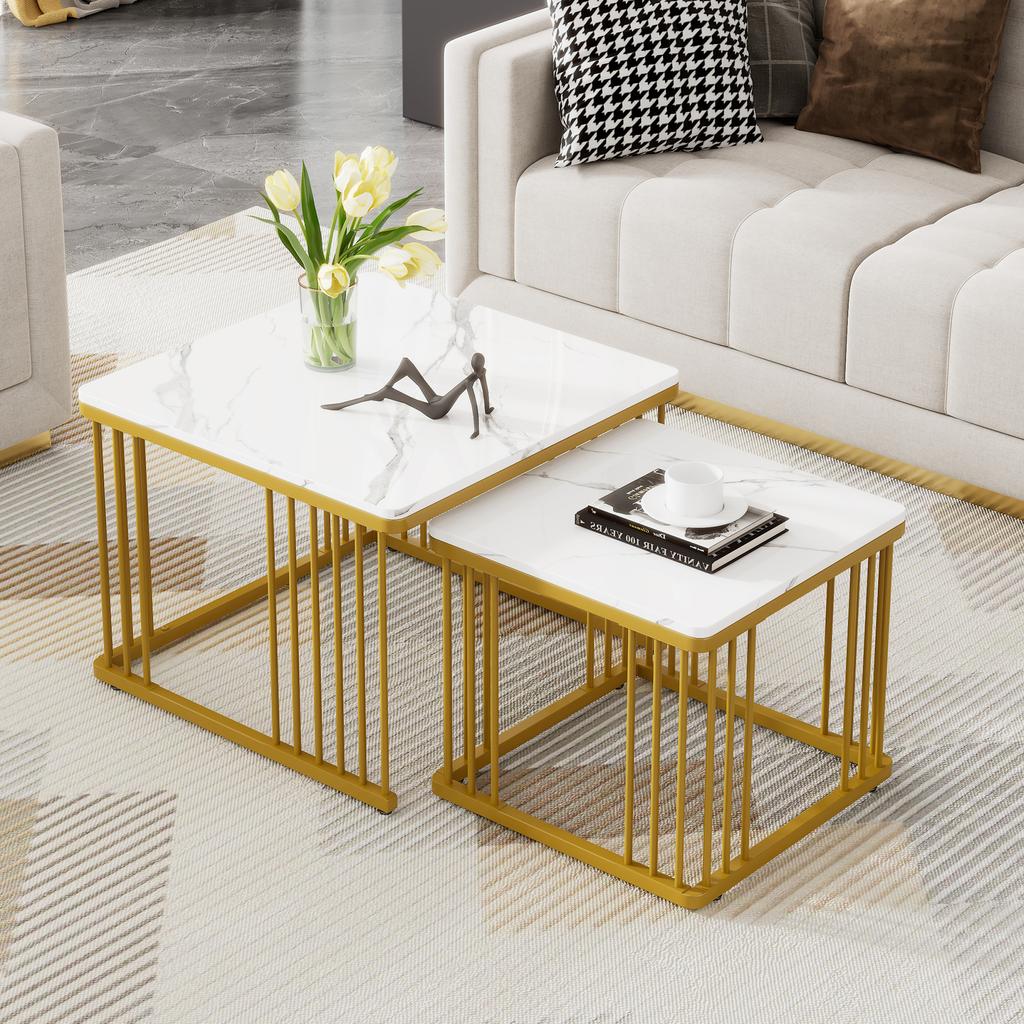 2-teiliges Set quadratische Hochglanz-Marmoroptik Kaffeetische, Stapeltische mit goldenen Beinen, 60*60*45cm und 45*45*40cm, Vielseitig