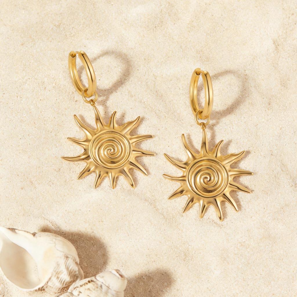 Sonnenohrringe aus Perlmutt für Damen, Antiallergische Edelstahl-Hängeohrringe, Wasserdichter Einzigartiger PVD-beschichteter Schmuck