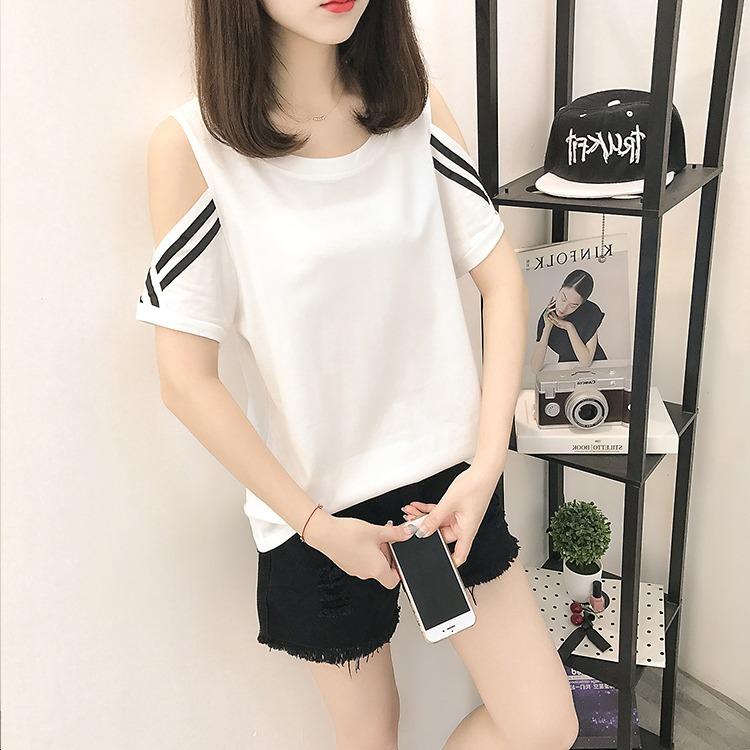 

Жіночий одяг 2025 літо футболка з відкритими плечима, приталена, з коротким рукавом, інс, повсякденна мода, жіночий топ 2XL білий