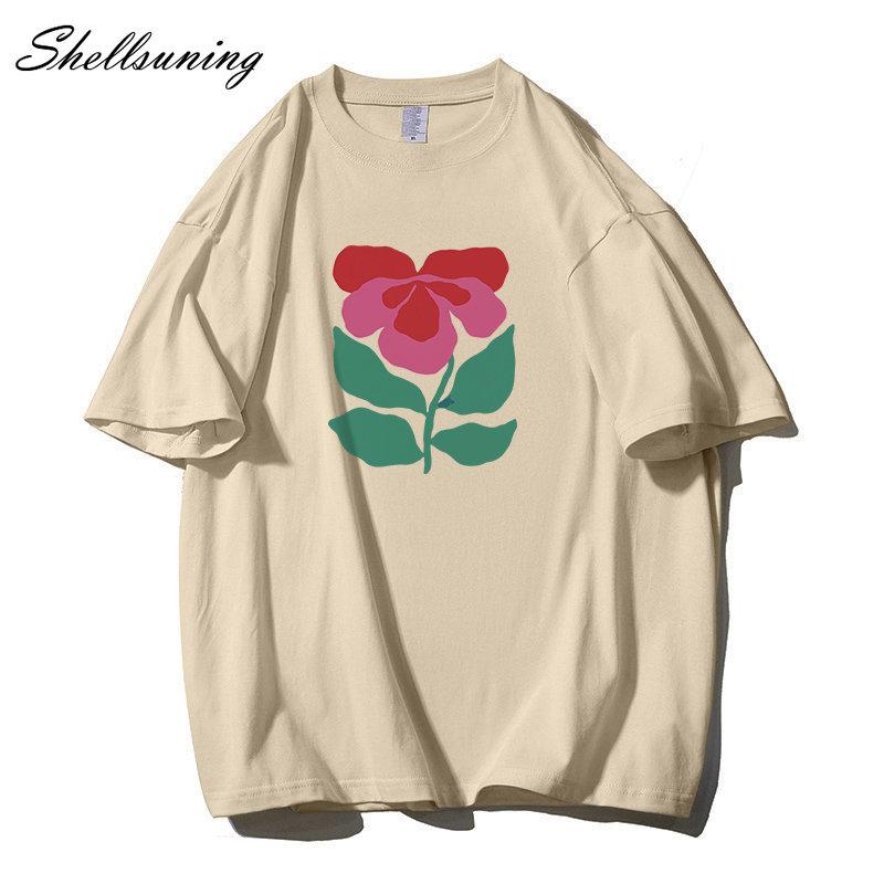 Shellsuning Krásné Květiny Tištěné Tričko pro Ženy Letní Nadměrné Ležérní O-výstřih Jednoduché Univerzální Dívčí Trička Základní Harajuku Pár Topy