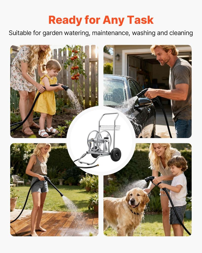 Water Hose Reel Cart, 6096/9144 Cm High-Pressure Garden Hose Cart, Hoses Reel Carts with Two Wheels, Handle & Heavy-Duty Mesh Storage Basket,