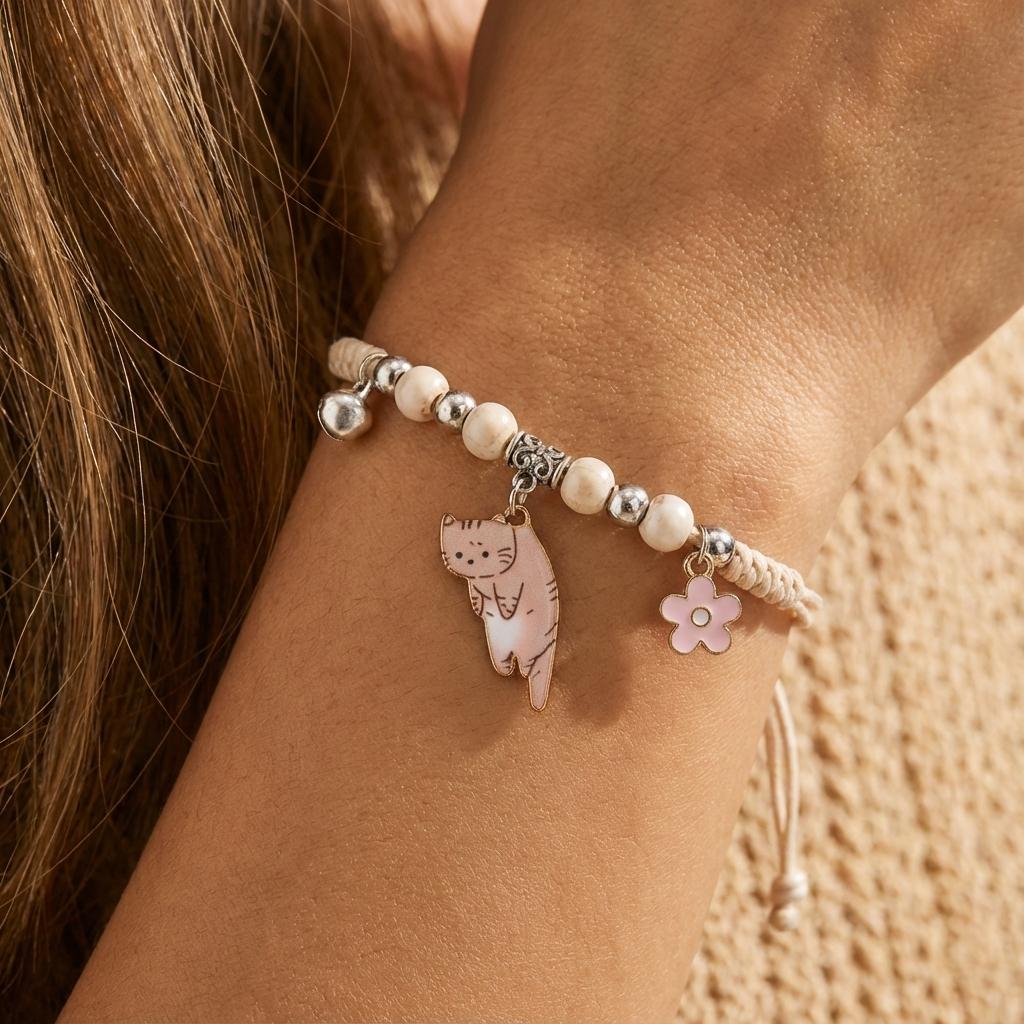 Braccialetto Portafortuna Vintage Fatto a Mano per Donne Ragazze Carino Gatto Fiore Ciondolo Corda Regolabile Bracciale Gioielli Amicizia Regalo