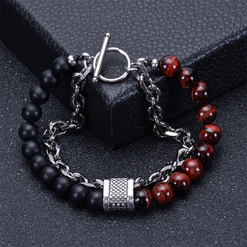 Men's Natural Tiger Eye Stone & Stainless Steel Chain Bracelet