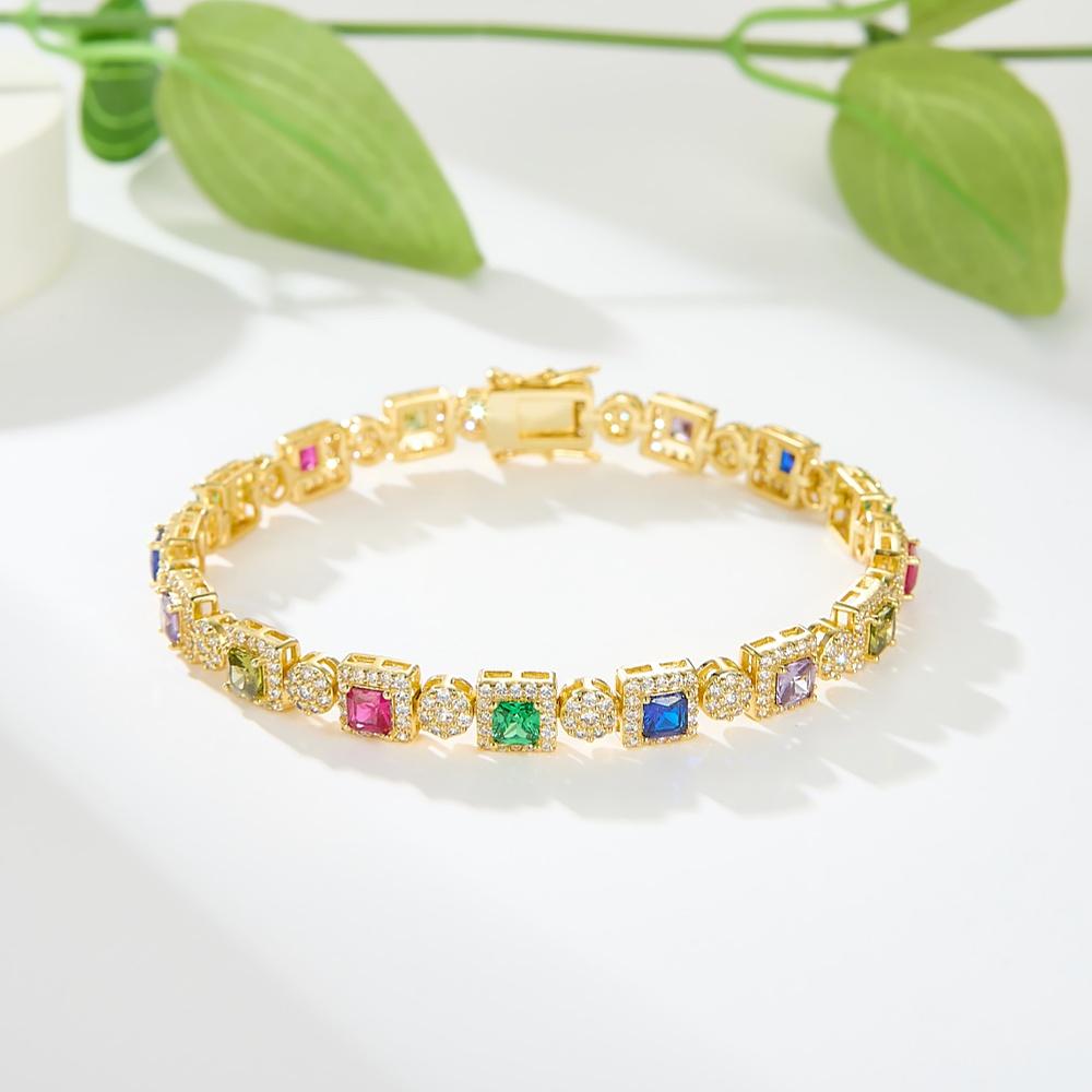 

Різнобарвний квадратний браслет Кольоровий браслет з кубічного цирконію з 14-каратного золота з міді різнокольоровий