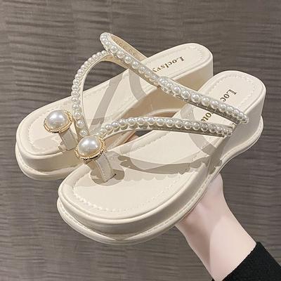 Fashion Summer New Pearl Toe Fairy Wind Slippers Women's Sponge Beach Square Head Platform Slippers P725