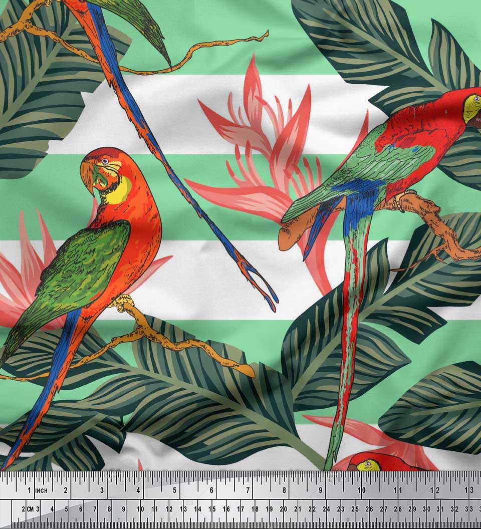 

Soimoi Orange Modal Satin Fabric Tropical Leaves|Stripe & Parrot Bird Print Тканина у дворі 42 дюйма 42 Inch Wide - Rayon зелений