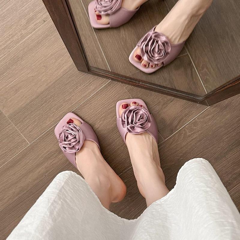Square head one-word drag new summer new flower temperament sandals with skirt high-heeled slippers