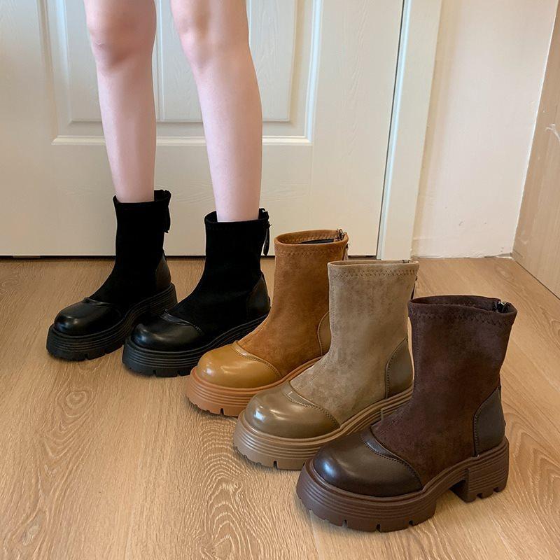 Rear zipper retro Martin boots women's autumn and winter new suede British style heightening short boots thick sole elastic thin