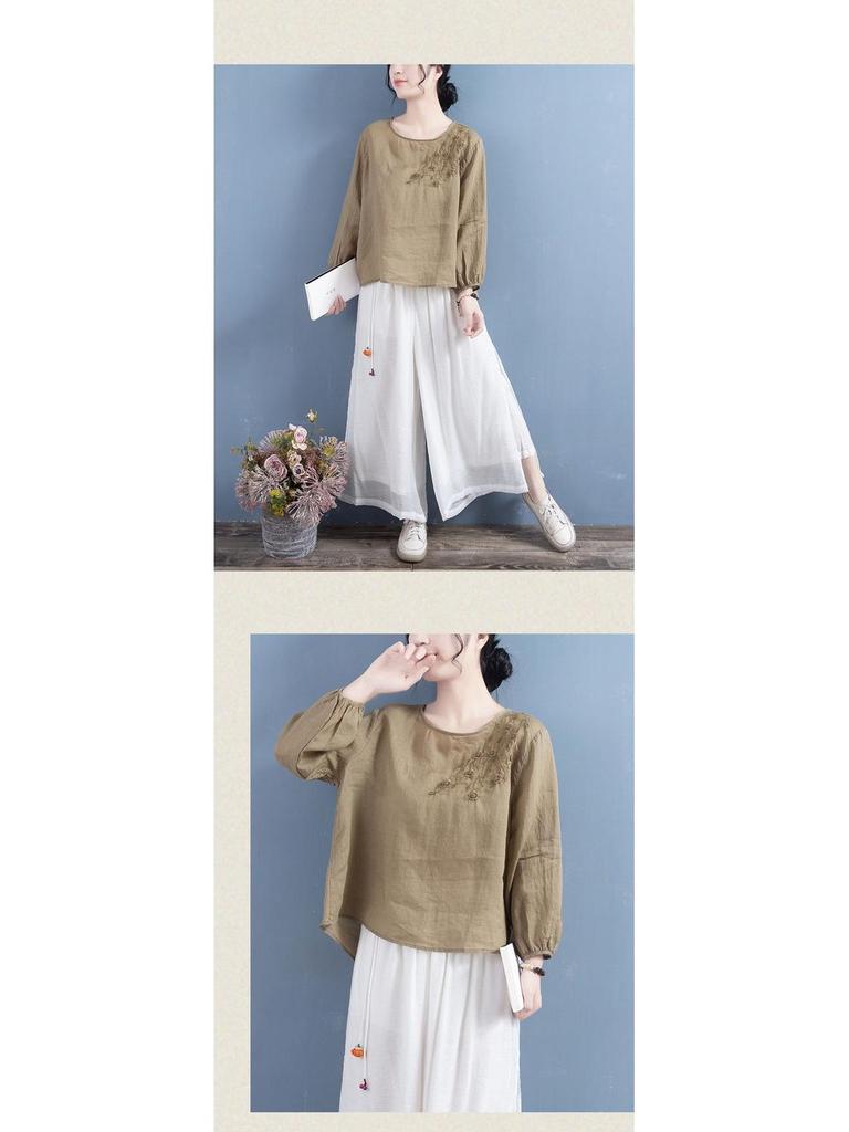 Dam 2024 Bomull-Linne Broderad Långärmad Retro Skjorta i Kinesisk Stil för Våren