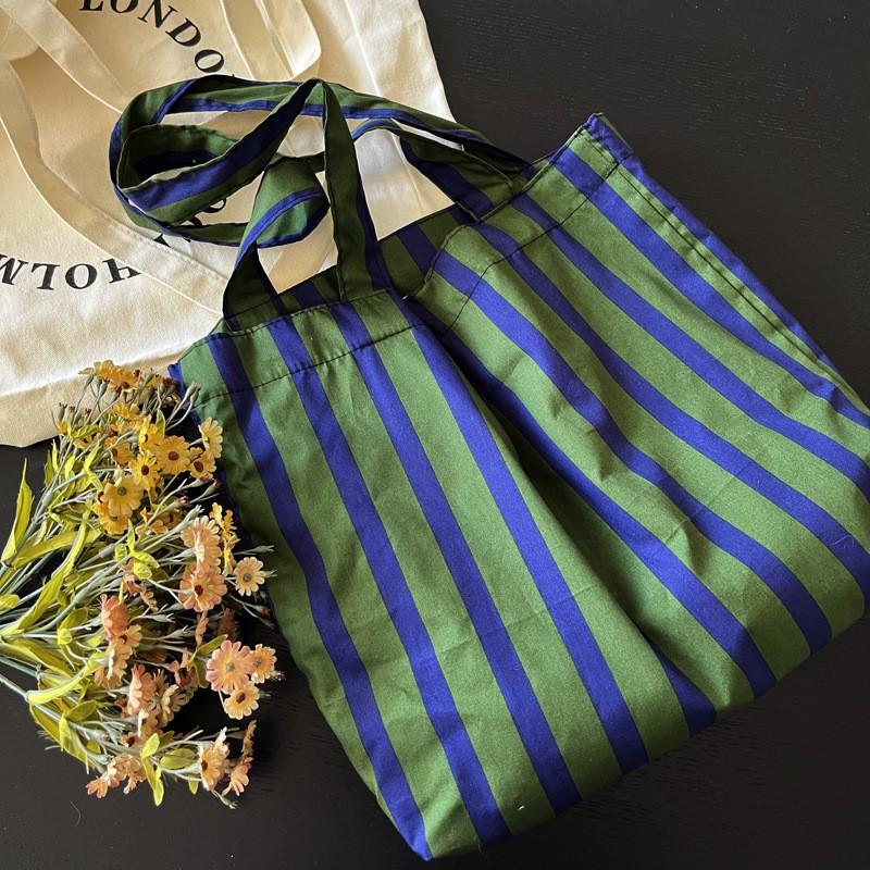 Ins French Niche Retro Blue Green Wide Striped Shoulder Bag All-matching Lazy Cotton Large-capacity Tote Women s