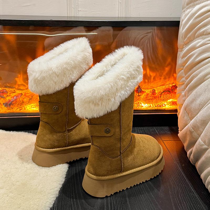 Thick-soled medium tube fluffy snow boots winter new piled thickened non-slip warm boots cotton boots