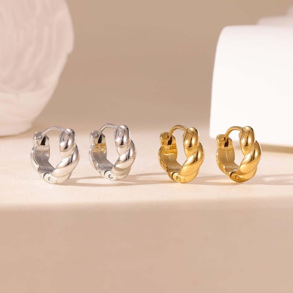 1 pair 18K PVD Gold Plated Twisted Mini Huggies Water-Resistant Coating High-Polished Texture Minimalist Croissant Studs Compact