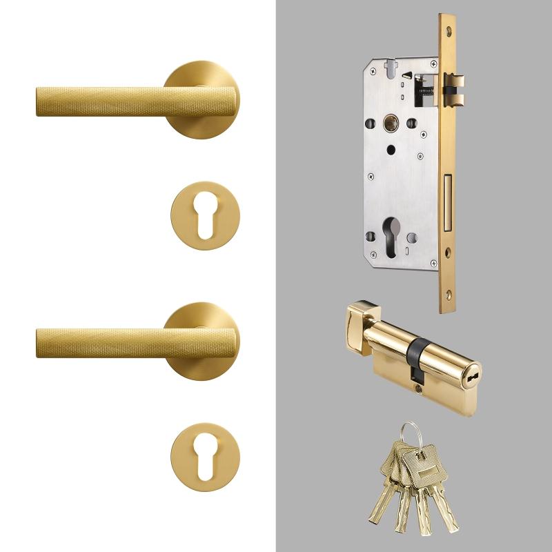 Dooroom Brass Knurled Door Lock Set Modern Gold Black Interior Bedroom Bathroom Double Wood Door Lever Set Dummy Handle Knob