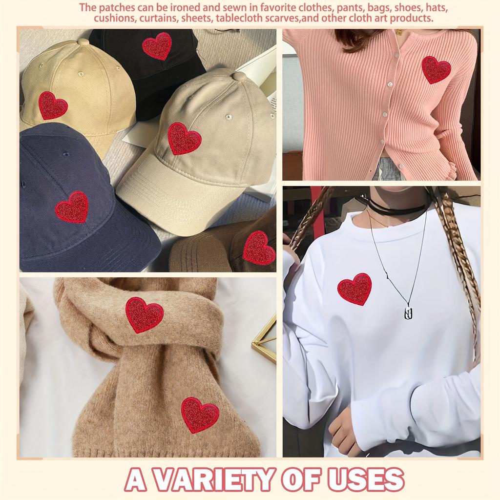 20pcs Red Glitter Heart Patches-Iron-On Embroidery for Clothing, Hats, Bags, Shoes-Shiny Decorative Accessories,Cute Hat Decorat