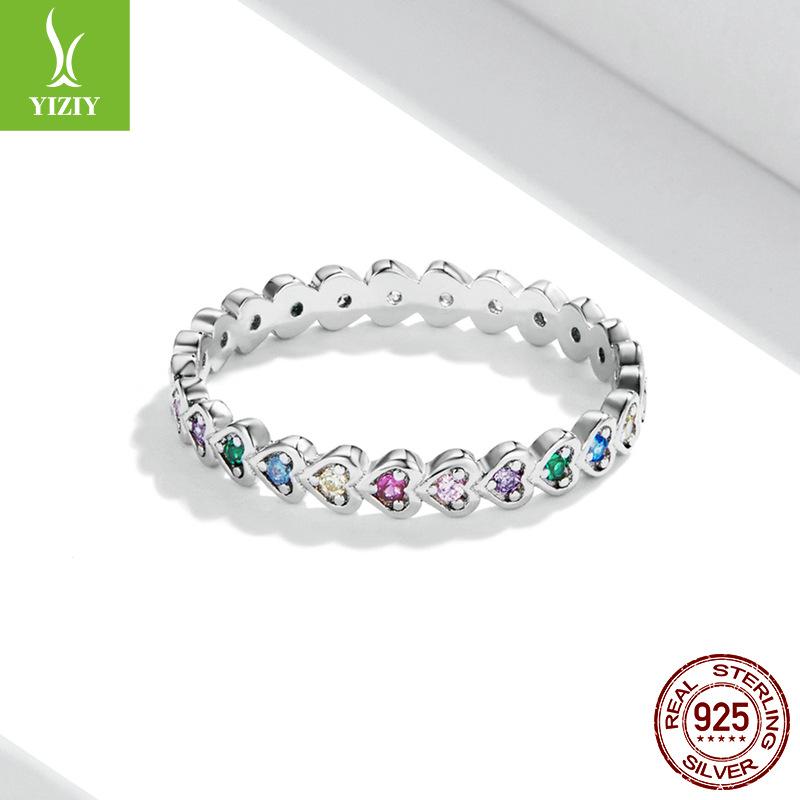 Rainbow Heart Ring Earrings Set, Korean Edition Of Fashion Colorful Zircon Platinum Plated Jewelry