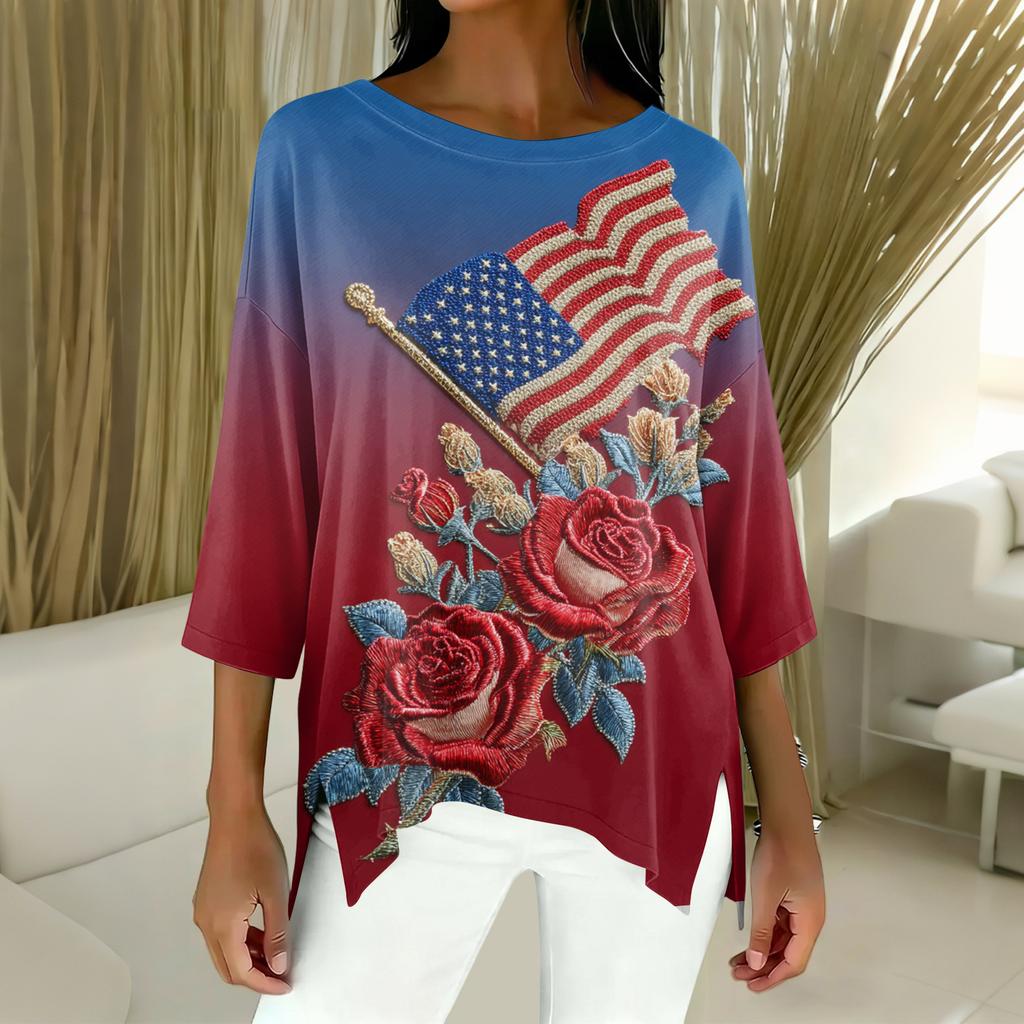 Women's Fashion Independence Day Print Three-Quarter Sleeve Top