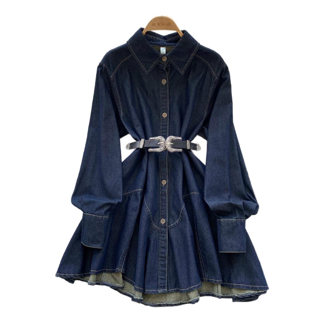 Spring New Chic Hong Kong Flavor Retro High Sense Loose and Thin Irregular Lace-up Waist Denim Dress Women