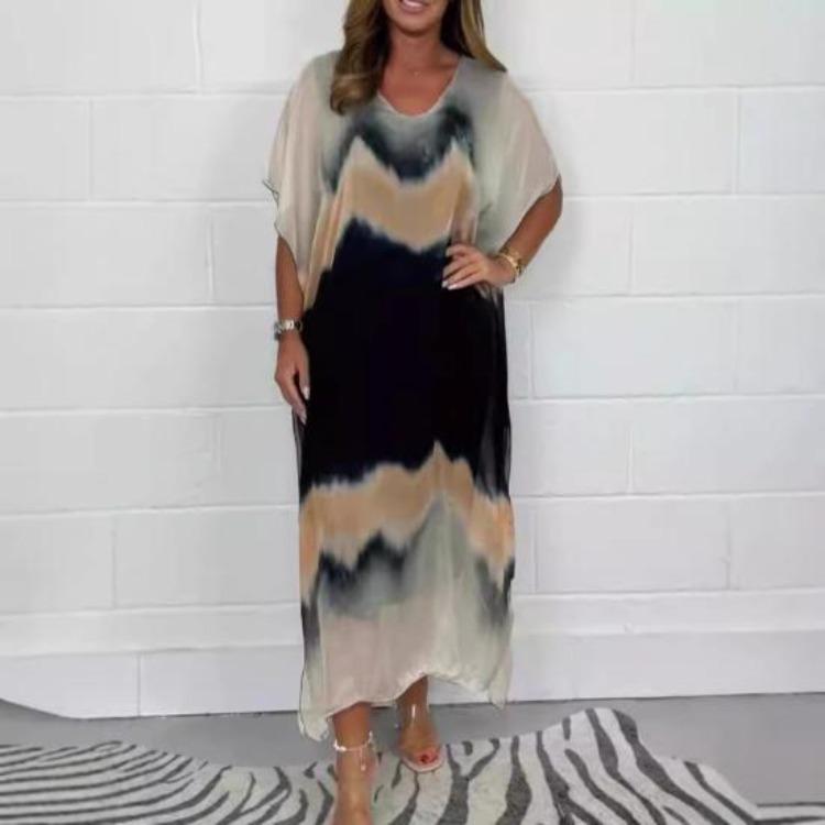 Gradient Printed Womens Chiffon Maxi Dress V Neck Short Sleeve Beach Sundress Casual Loose Long Dress for Summer Holiday
