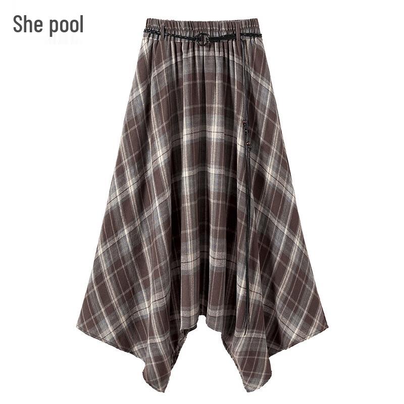 Women's Irregular Plaid A-line Midi Skirt