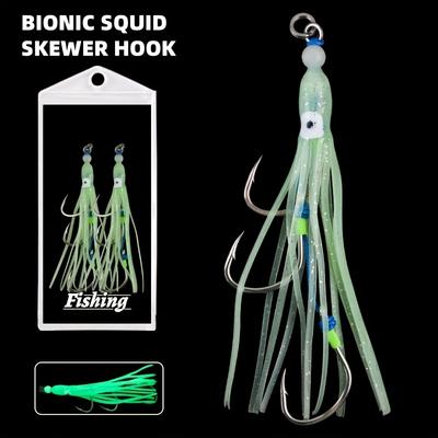 2pcs 14cm Deep Sea Boat Fishing Skewer Hooks, Imitation Octopus Glow-in-the-Dark Squid Jig Hooks, Seamless Solid Single Ring