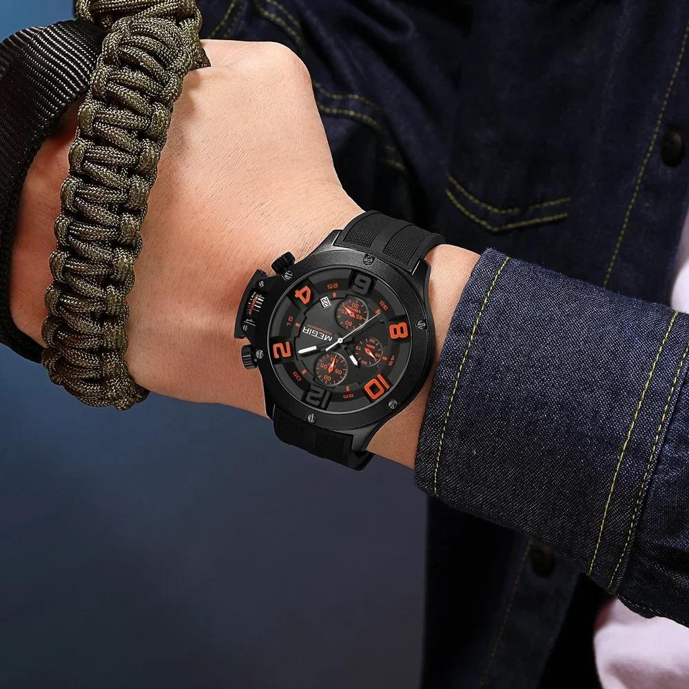 Big Dial Sport Quartz Watch for Men Fashion Waterproof Chronograph Wristwatch with Date Silicone Strap Luminous Hands