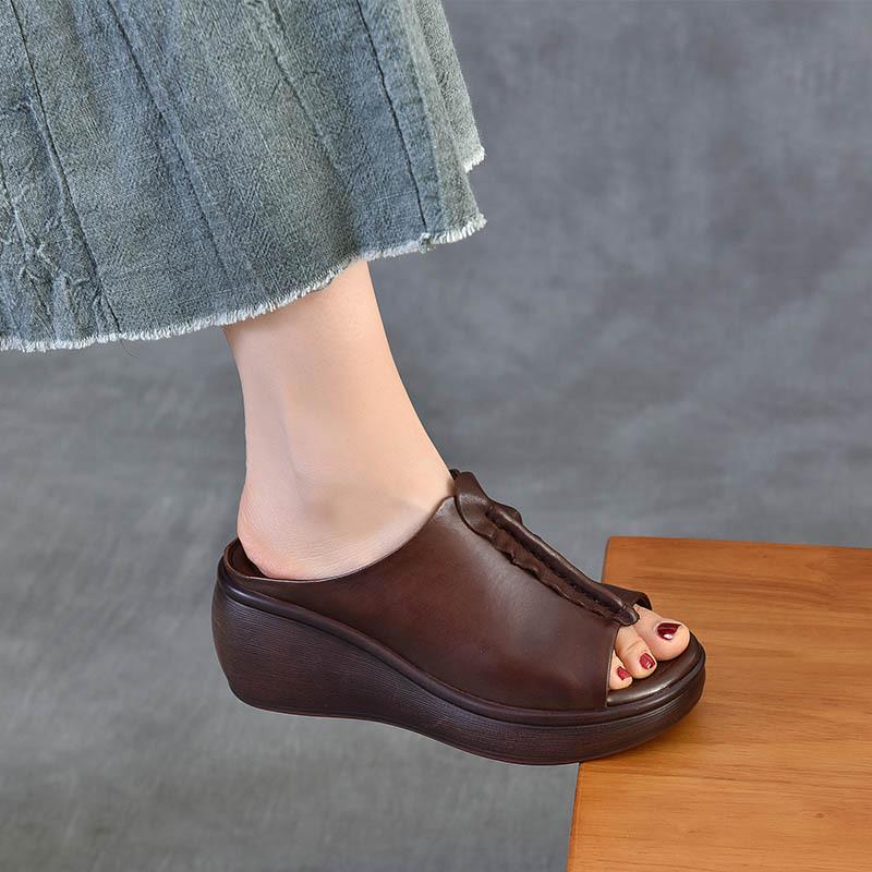 Fashion Retro Style Fish Mouth Premium Genuine Leather Slippers 2025 New Summer Outdoor Slippers Wedges Elegant Women Sandals