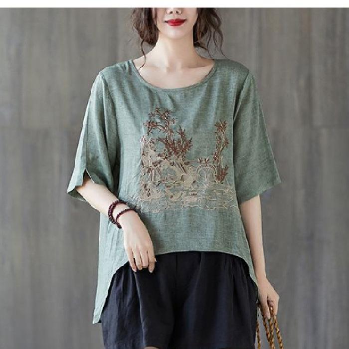 Literary Embroidered Cotton Linen Medium Long Short Front and Long Rear Irregular Hem Slit Top Short Sleeve Women's Summer T-shirt