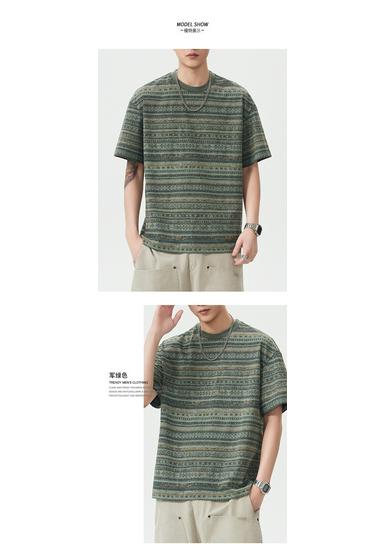 Men's Vintage Ethnic Striped Short Sleeve Loose T-Shirt