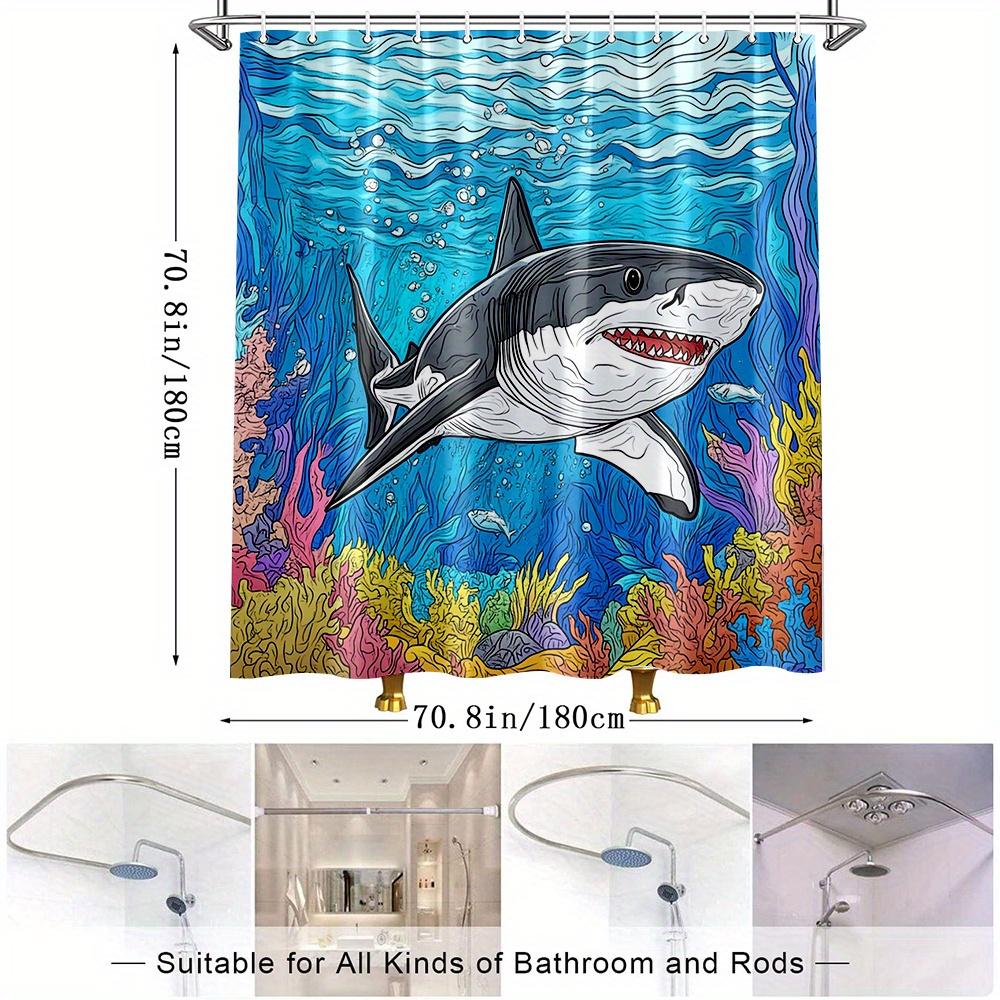 1Pc Shark Pattern Shower Curtain - Vibrant Underwater Marine Life Design With Coral Reefs & Fish, Durable Polyester Fabric,