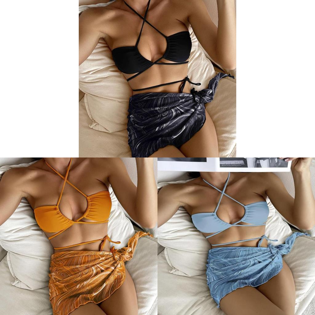 Swimwear Bikini Set For Women With Drawstring Short Skirt And Mesh Threepiece Suit For Water Sports