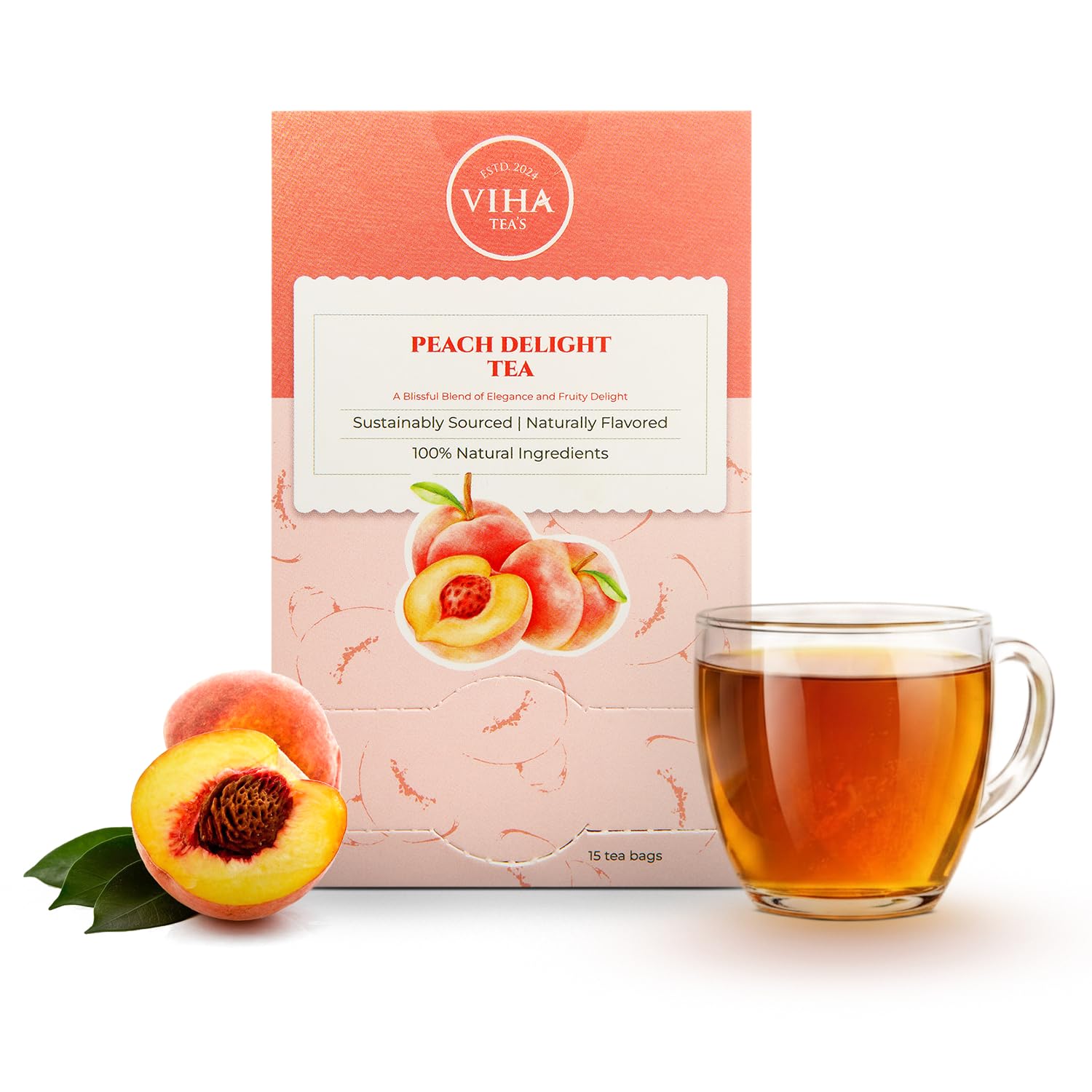 Peach Delight Tea (15 Pyramid Tea Bags) - Fruity & Refreshing | Low Caffeine | Deliciously Vibrant Blend | Herbal Tea | Green Tea